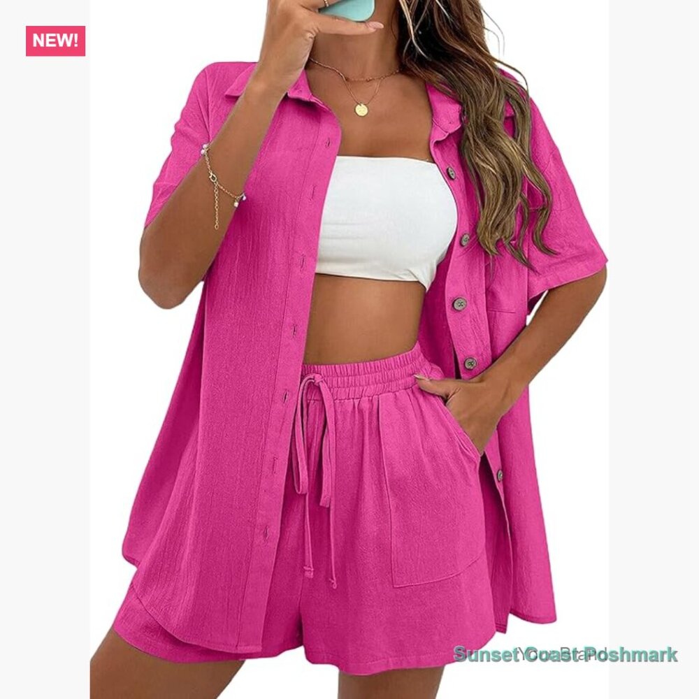 Cotton Linen Short Sets Two Piece Outfits Lounge Beach